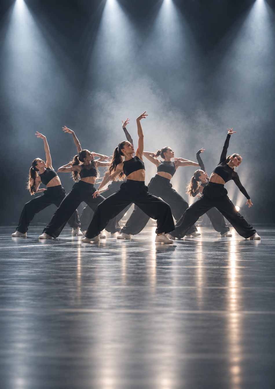 Bailarinas en movimiento sobre un escenario iluminado